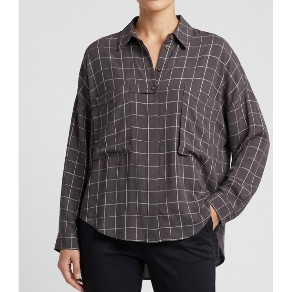 Sally LaPointe Womens Windowpane Grid Button Down Blouse Charcoal Black Pockets